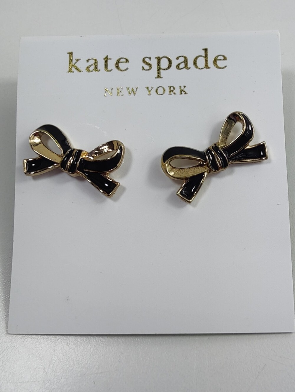 Kate Spade New York Black Enamel Bow Stud Earrings Gold Tone NWT Feminine Chic